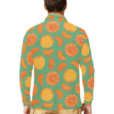 orange fruit pattern green background Men's Long Sleeve Polo Shirt
