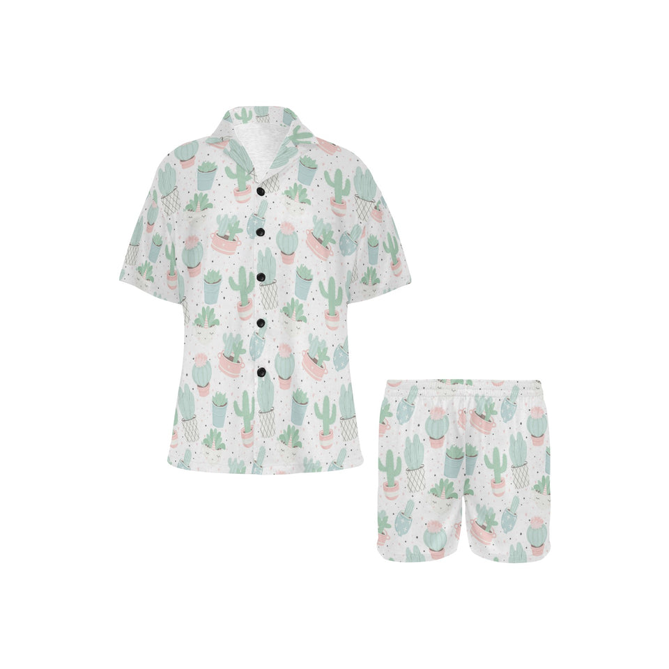 Pastel color cactus pattern Women's V-Neck Short Pajama Set