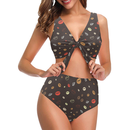 Coffee bean leave pattern Chest Bowknot High Waisted Bikini Swimsuit
