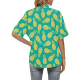 Pineapples pattern green background Women's All Over Print Hawaiian Shirt