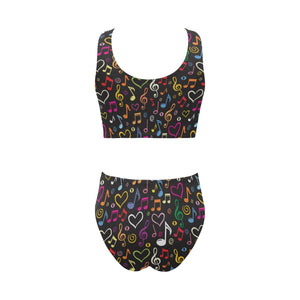Music Notes Pattern Print Design 02 Chest Bowknot High Waisted Bikini Swimsuit