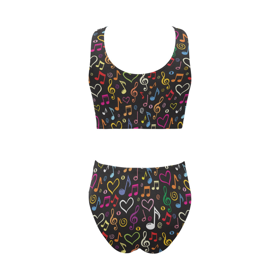 Music Notes Pattern Print Design 02 Chest Bowknot High Waisted Bikini Swimsuit