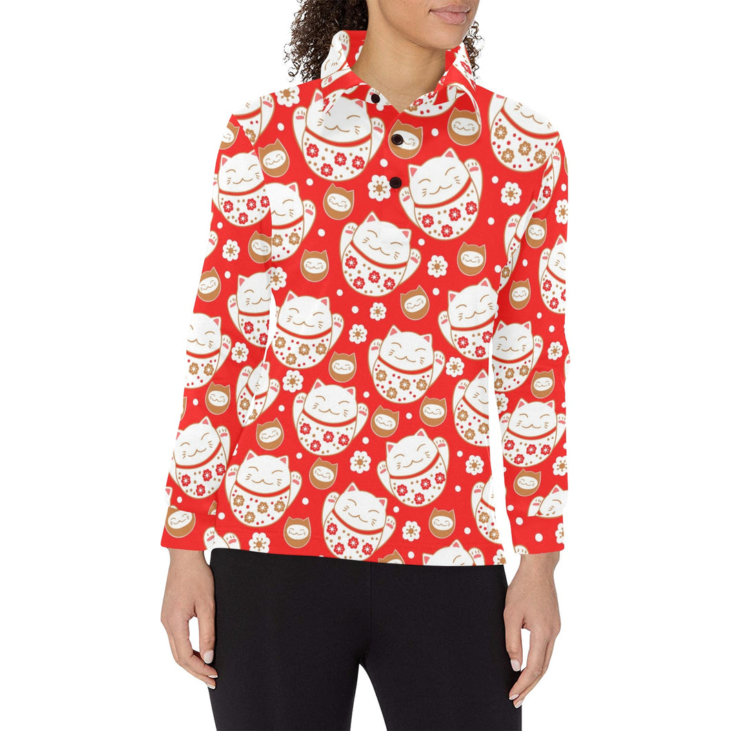 Cute Maneki neko cat red background Women's Long Sleeve Polo Shirt