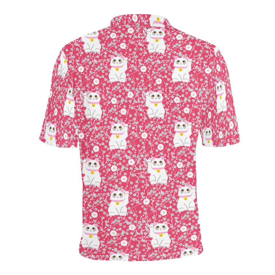 Maneki neko cat sakura pink background Men's All Over Print Polo Shirt
