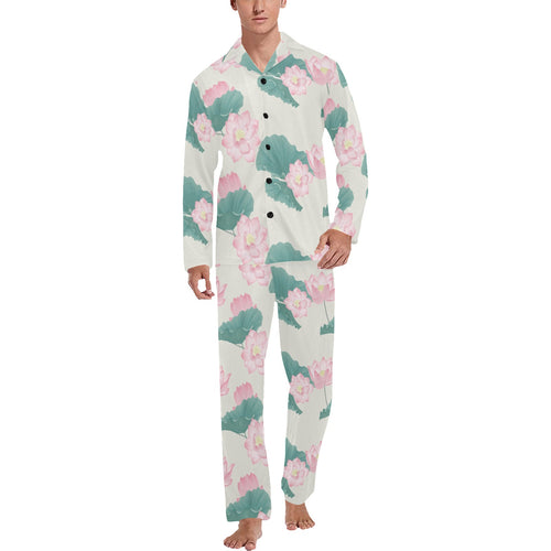 Pink lotus waterlily leaves pattern Men's Long Pajama Set