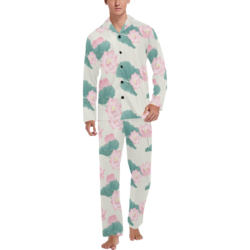 Pink lotus waterlily leaves pattern Men's Long Pajama Set