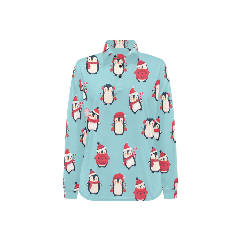 Cute penguin christmas design pattern Women's Long Sleeve Polo Shirt