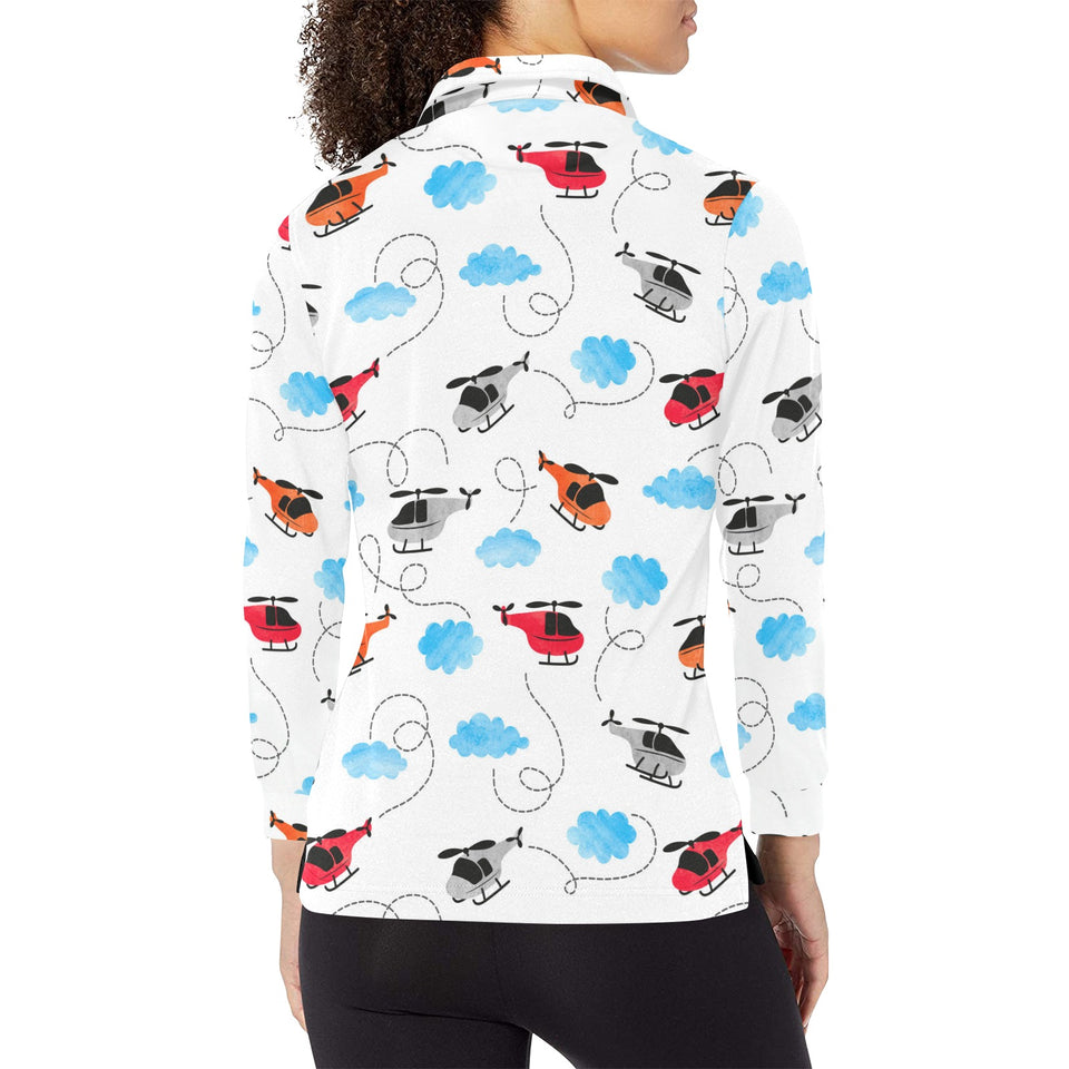 Watercolor helicopter cloud pattern Women's Long Sleeve Polo Shirt