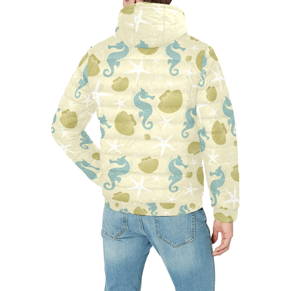 Seahorse shell starfish pattern background Men's Padded Hooded Jacket