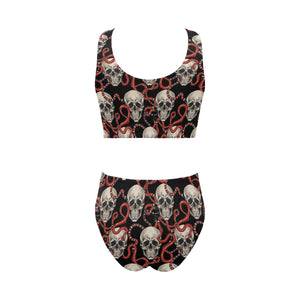 Red snake skull pattern Chest Bowknot High Waisted Bikini Swimsuit
