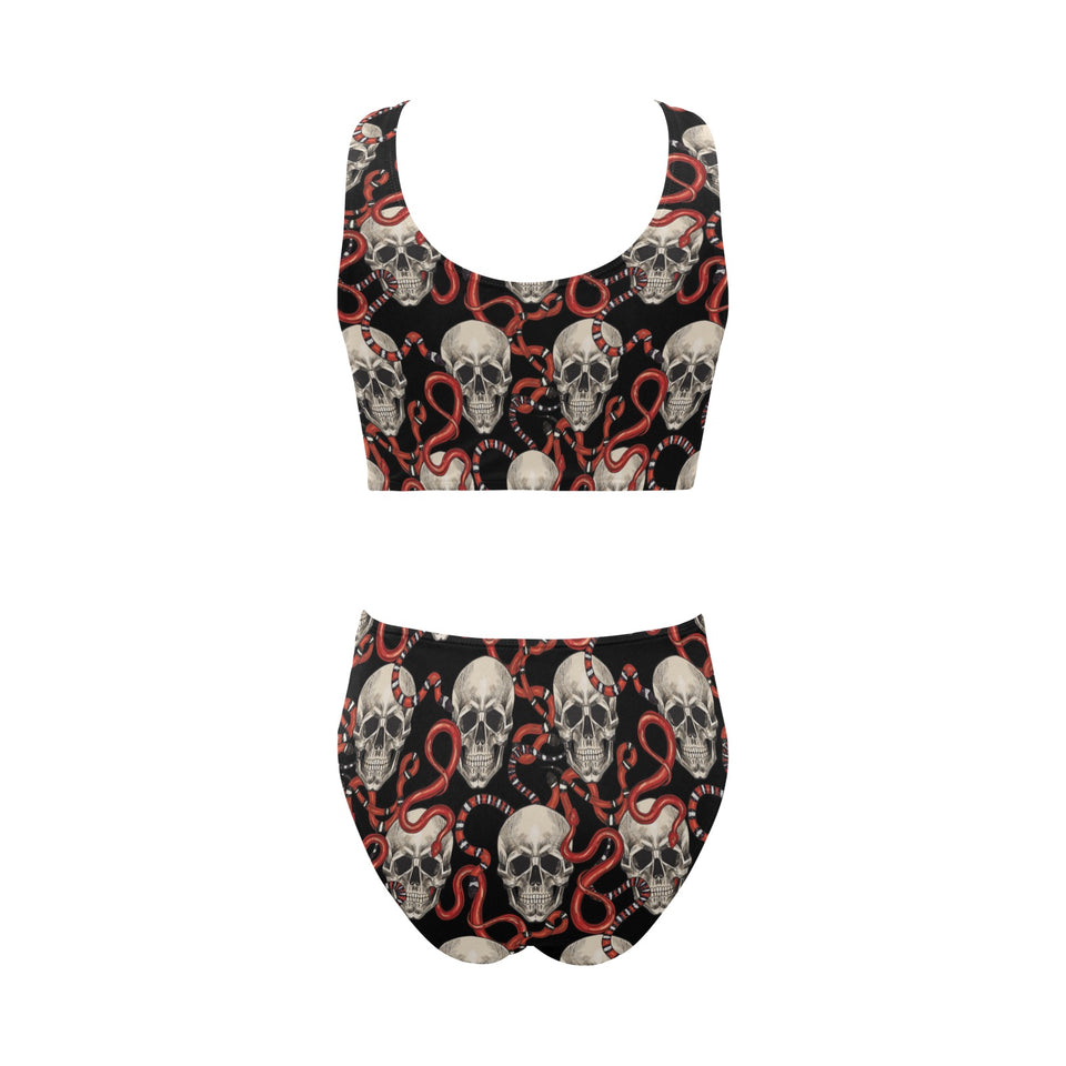 Red snake skull pattern Chest Bowknot High Waisted Bikini Swimsuit