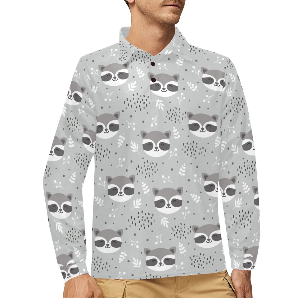 Cute raccoons leaves dot Men's Long Sleeve Polo Shirt