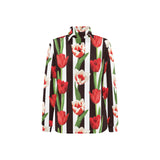 red and white tulips pattern Women's Long Sleeve Polo Shirt