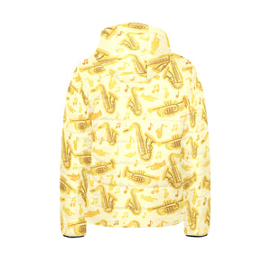 Saxophone cornet pattern yellow background Kids' Boys' Girls' Padded Hooded Jacket