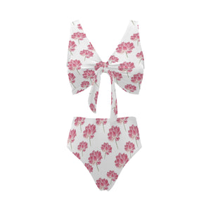 Pink lotus waterlily pattern Chest Bowknot High Waisted Bikini Swimsuit