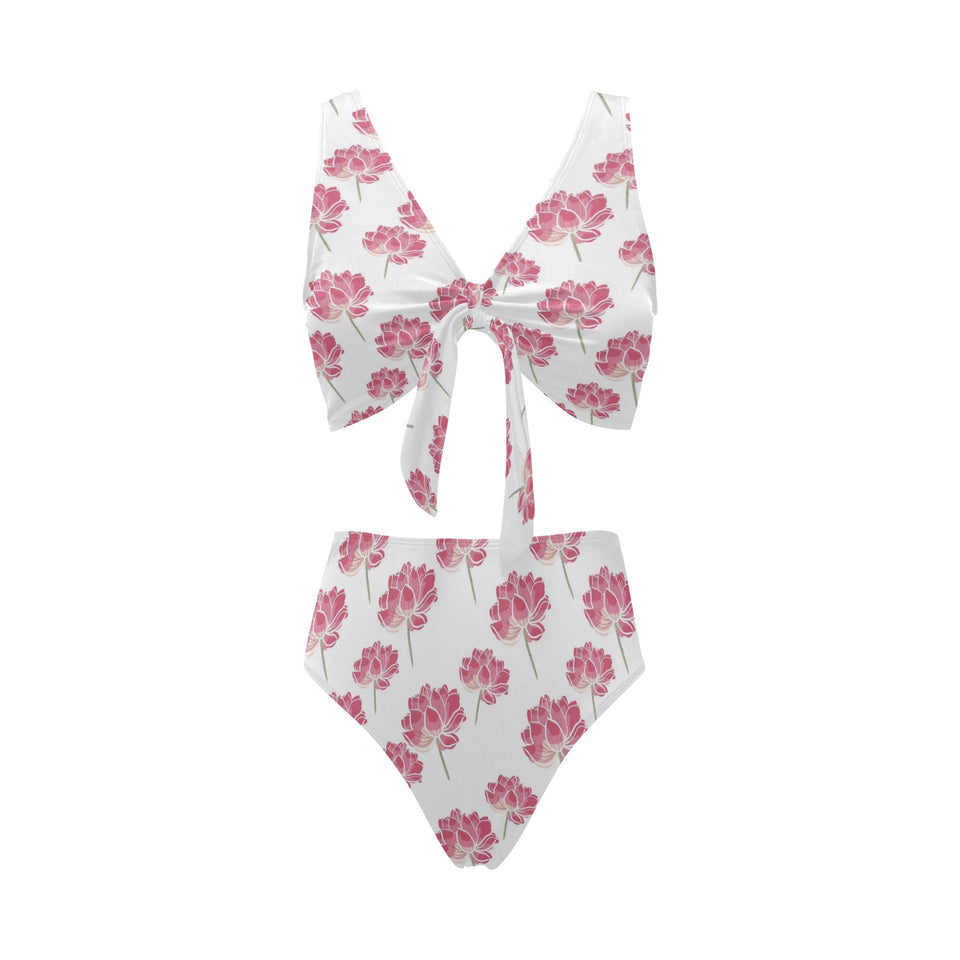 Pink lotus waterlily pattern Chest Bowknot High Waisted Bikini Swimsuit