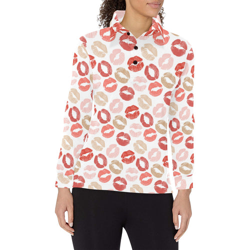 Lips Pattern Print Design 04 Women's Long Sleeve Polo Shirt