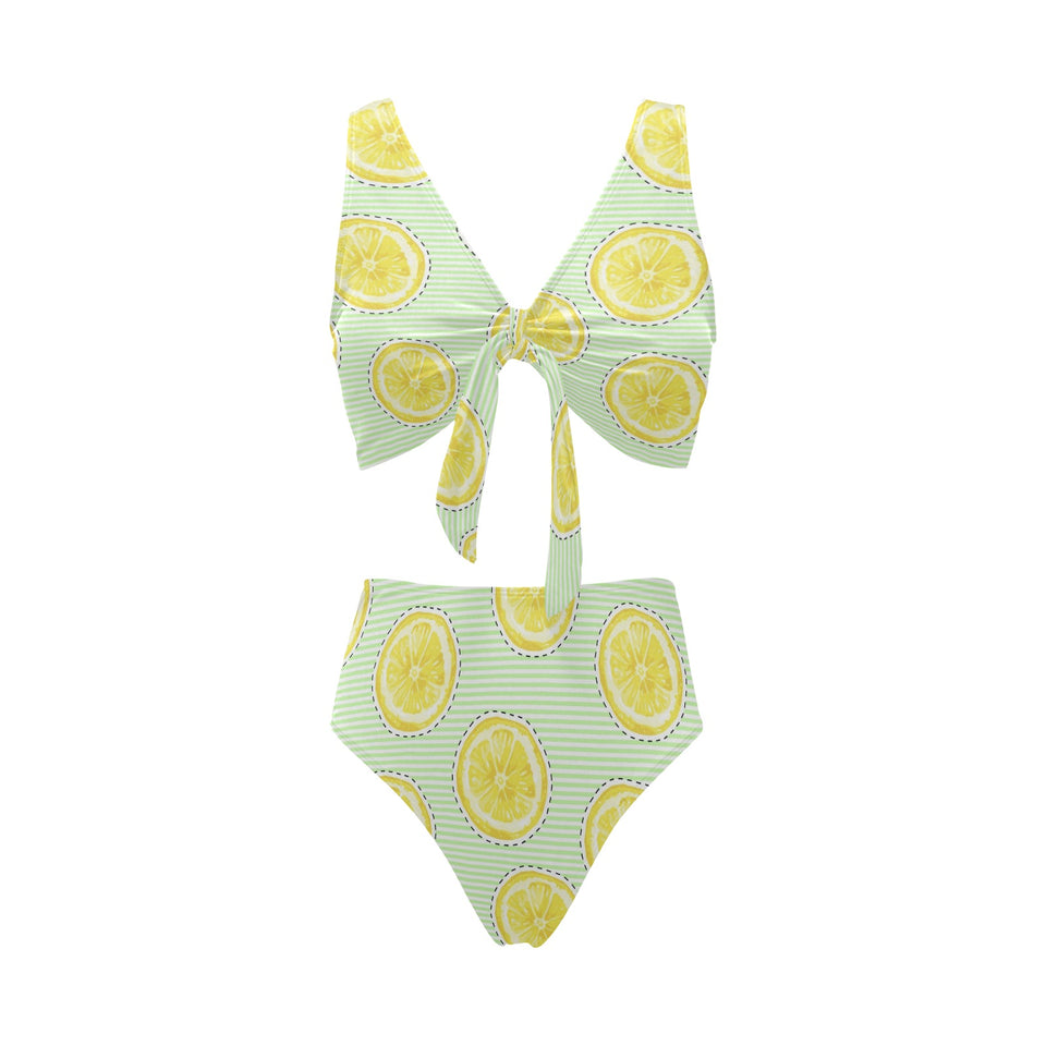 slice of lemon pattern Chest Bowknot High Waisted Bikini Swimsuit