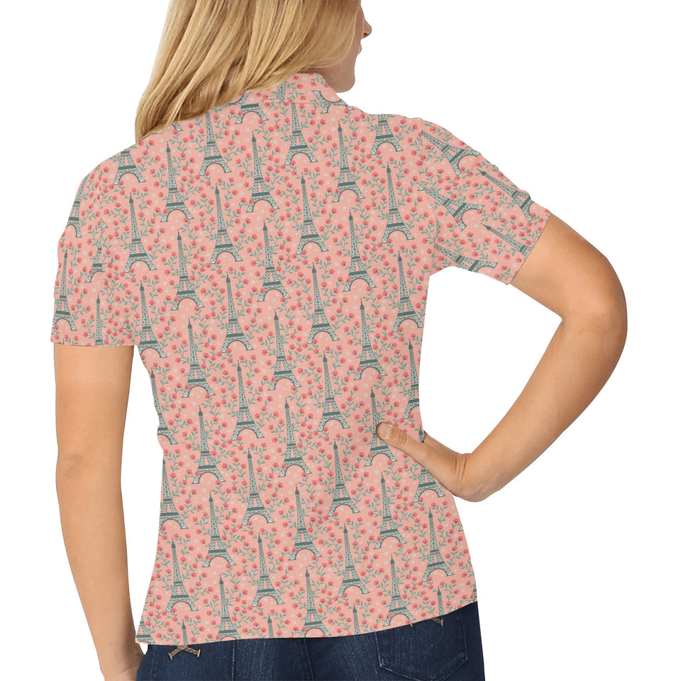 Eiffel Tower Flower Pattern Design 03 Women's All Over Print Polo Shirt