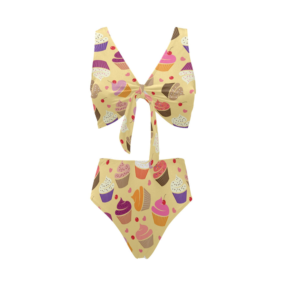 cake cupcake heart cherry pattern Chest Bowknot High Waisted Bikini Swimsuit