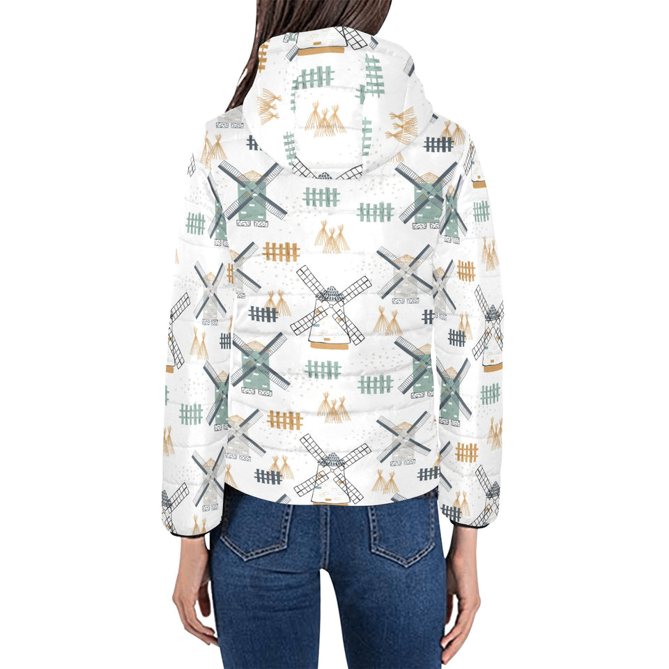 windmill pattern Women's Padded Hooded Jacket