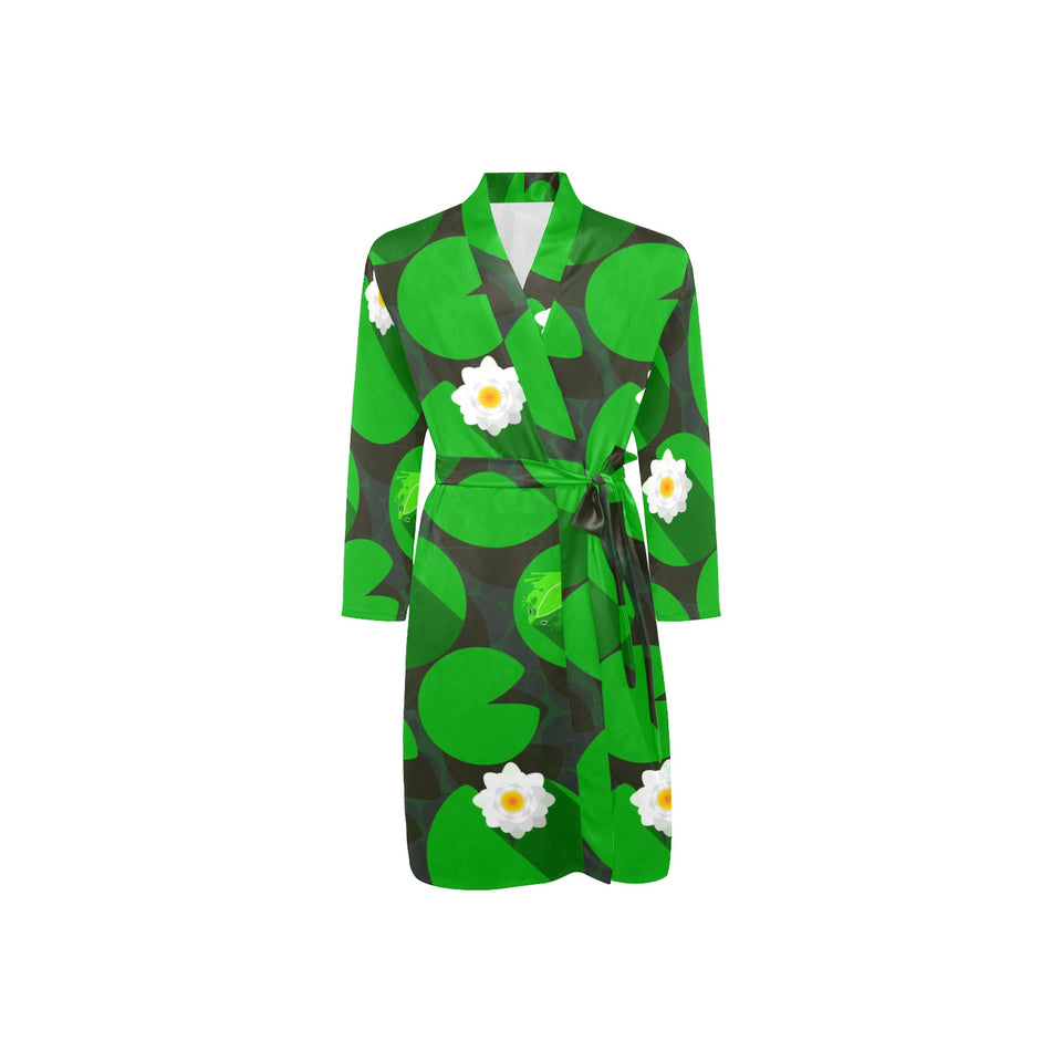 Frog waterlily pattern Men's Long Sleeve Belted Night Robe