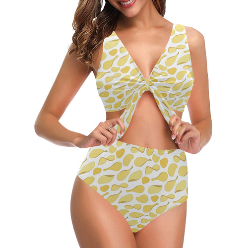 Potato Chips Pattern Print Design 02 Chest Bowknot High Waisted Bikini Swimsuit