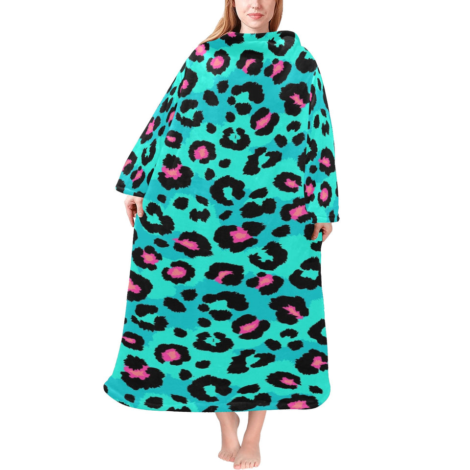 Green leopard skin print pattern Blanket Robe with Sleeves