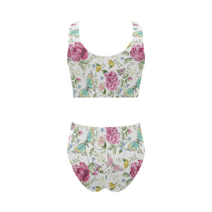 Hand drawn butterfly rose Chest Bowknot High Waisted Bikini Swimsuit
