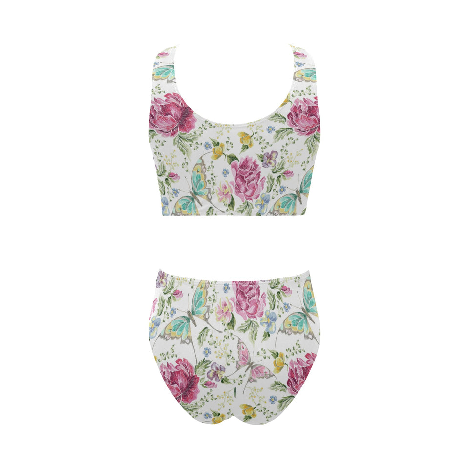 Hand drawn butterfly rose Chest Bowknot High Waisted Bikini Swimsuit