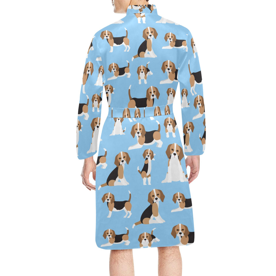 Beagle dog blue background pattern Men's Long Sleeve Belted Night Robe