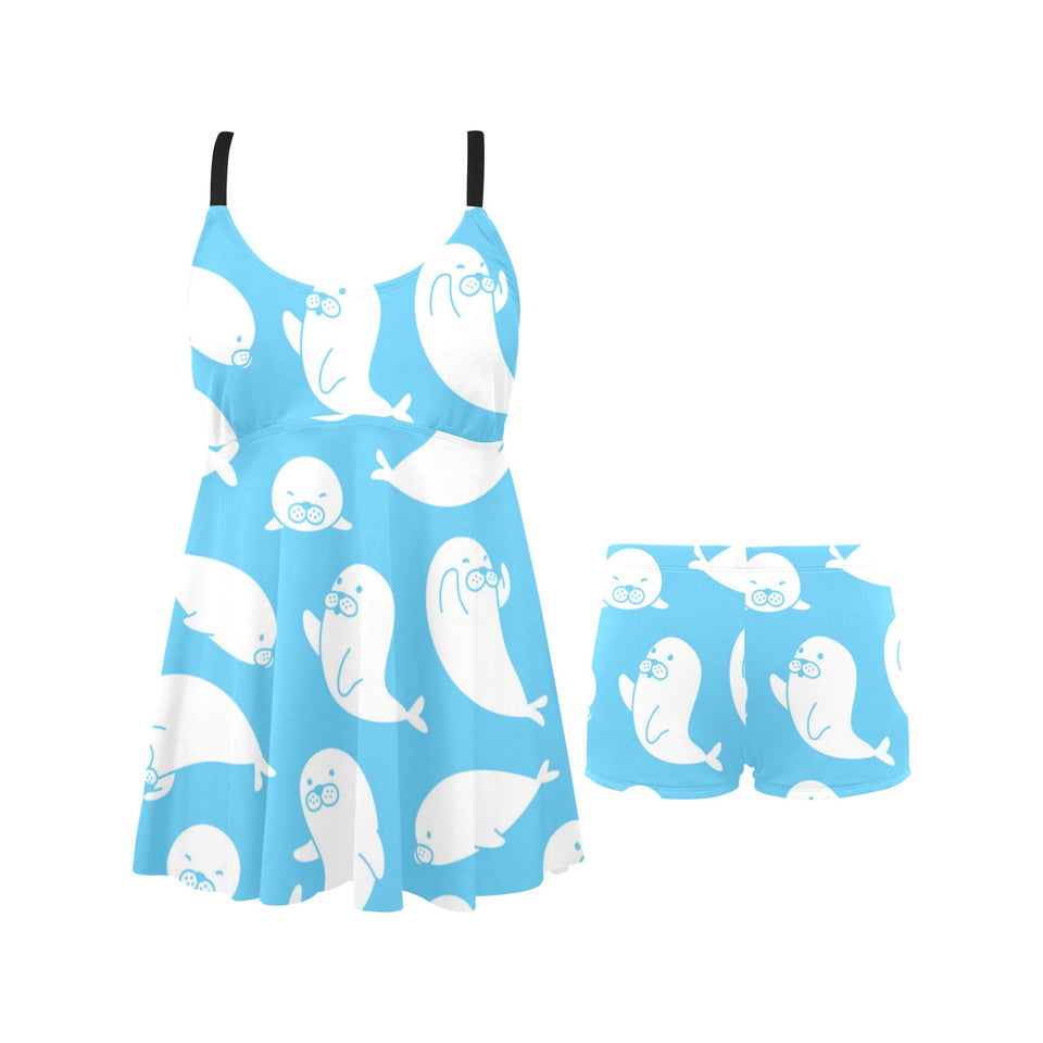 Cute white sea lion seals pattern Chest Sexy Pleated Two Piece Swim Dress