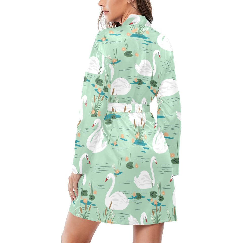 White swan lake pattern Women's Long Sleeve Belted Night Robe