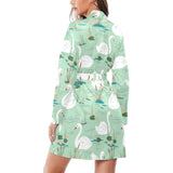 White swan lake pattern Women's Long Sleeve Belted Night Robe