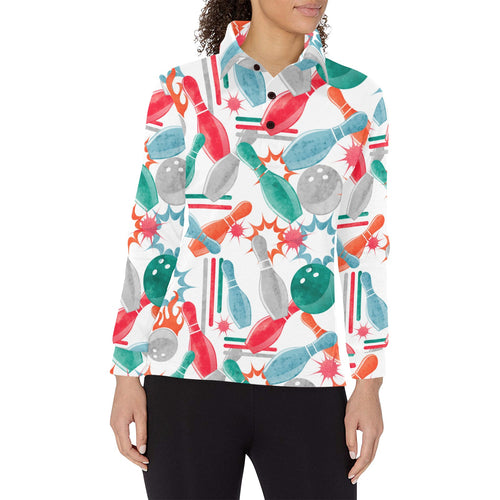 Watercolor bowling pattern Women's Long Sleeve Polo Shirt