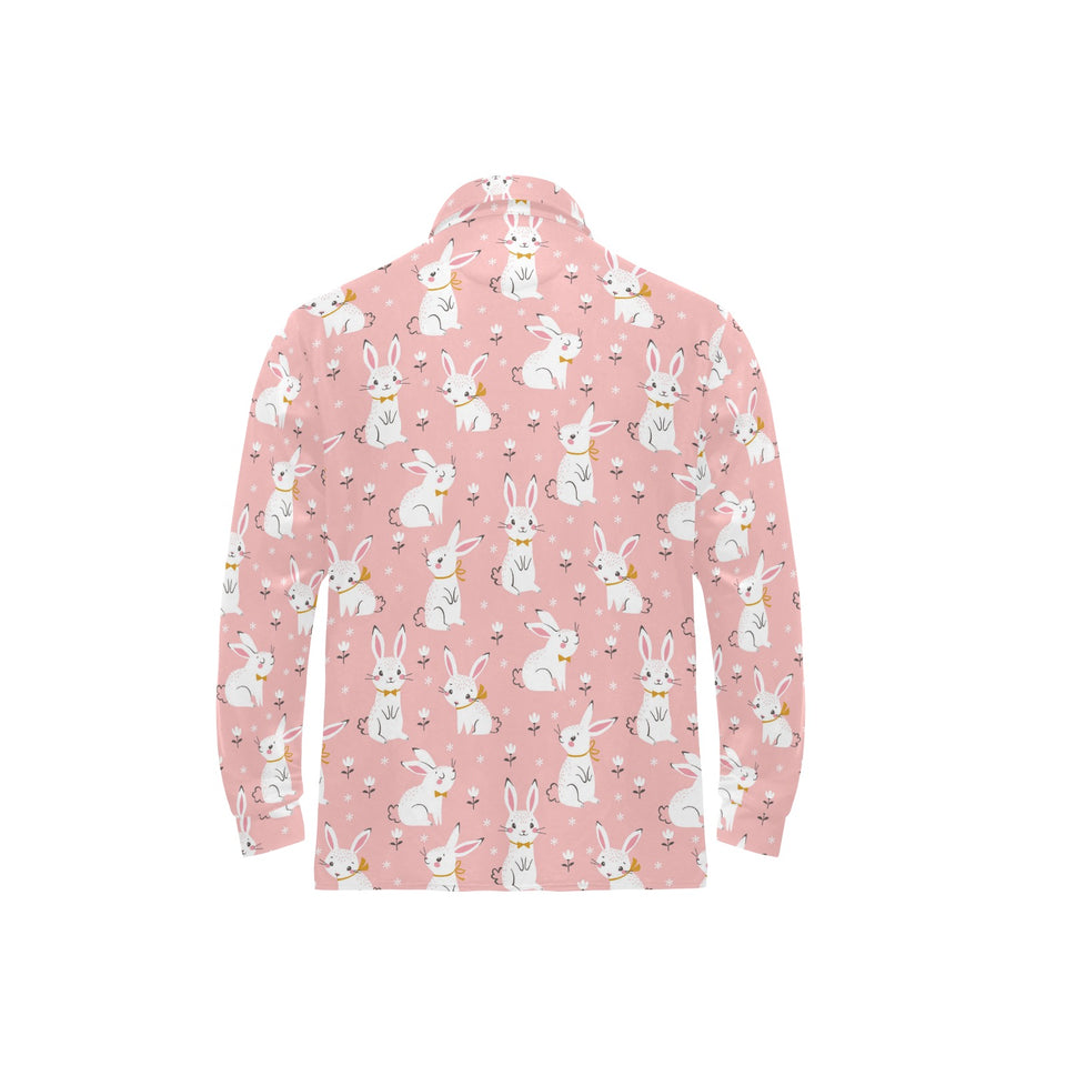 Cute white rabbit flower pink background Men's Long Sleeve Polo Shirt