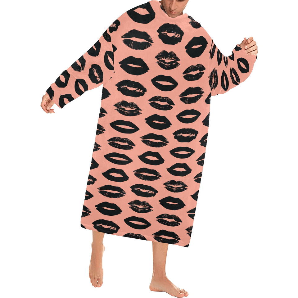 Lips Pattern Print Design 02 Blanket Robe with Sleeves