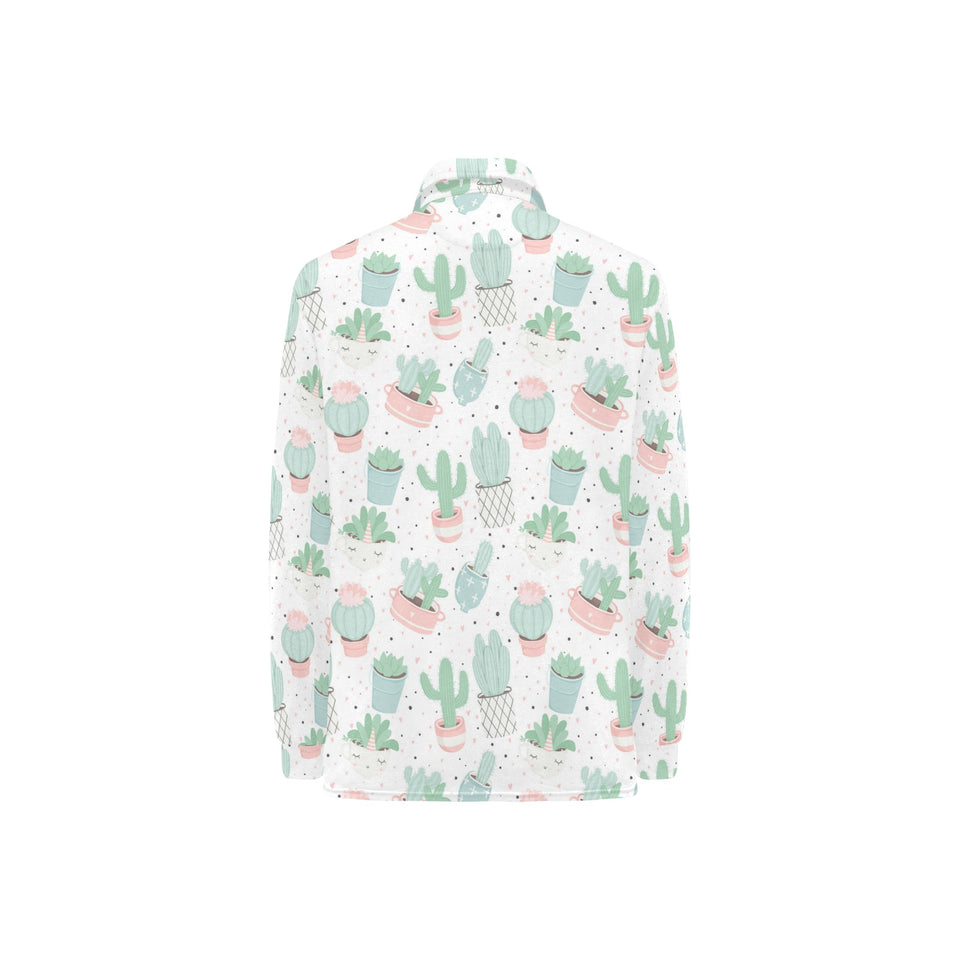 Pastel color cactus pattern Women's Long Sleeve Polo Shirt
