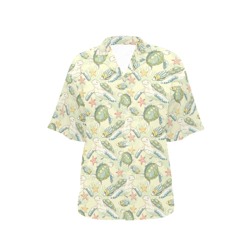 Hand drawn sea turtle fish pattern Women's All Over Print Hawaiian Shirt