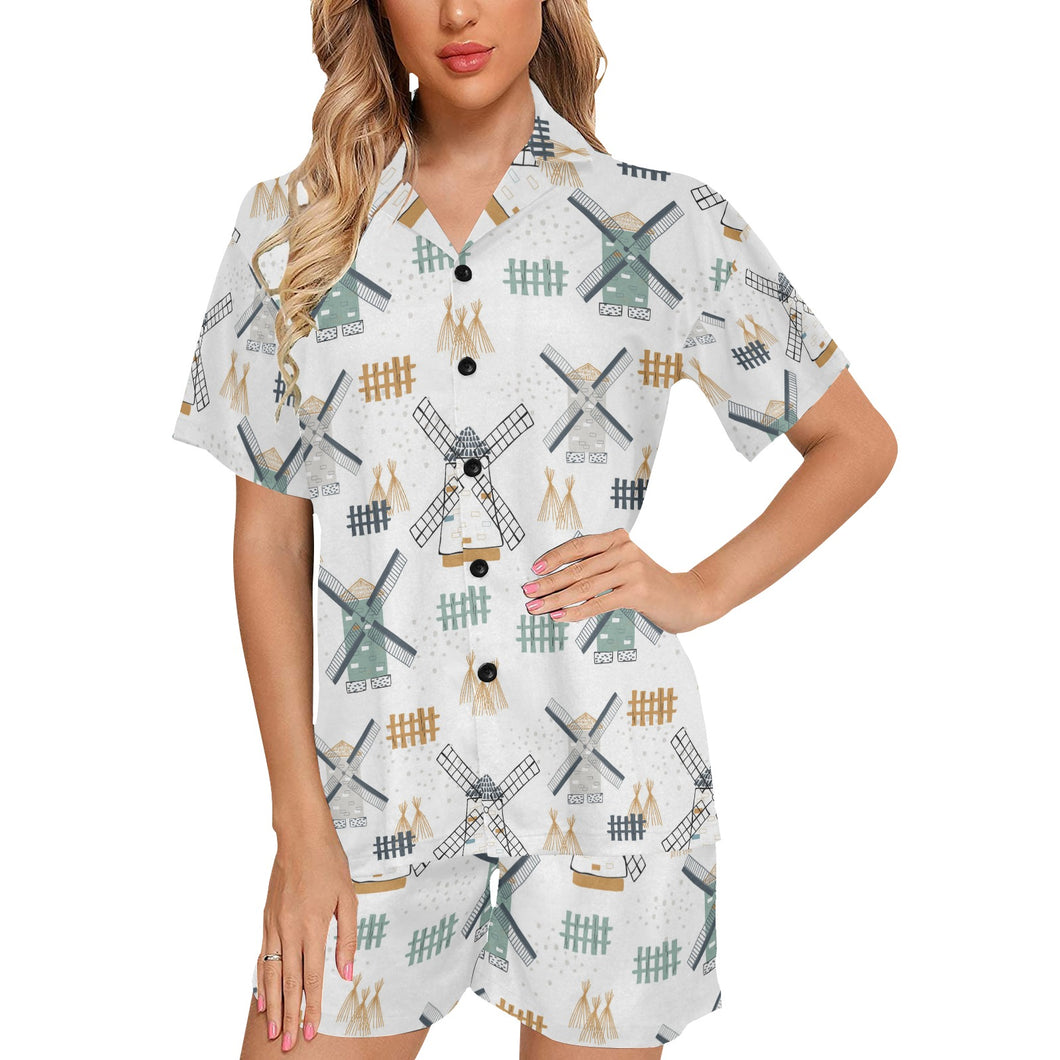 windmill pattern Women's V-Neck Short Pajama Set
