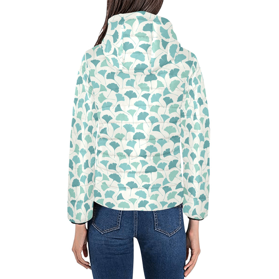 Green ginkgo leaves pattern Women's Padded Hooded Jacket