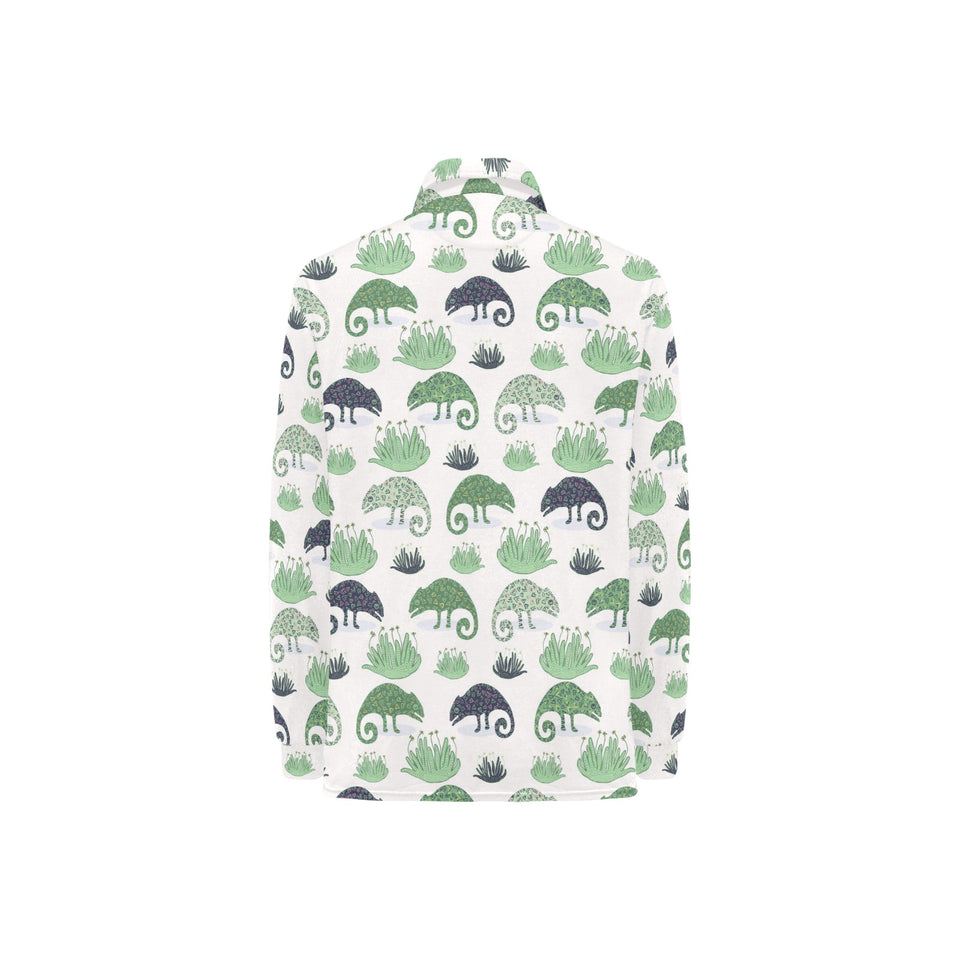 Chameleon lizard succulent plant pattern Women's Long Sleeve Polo Shirt