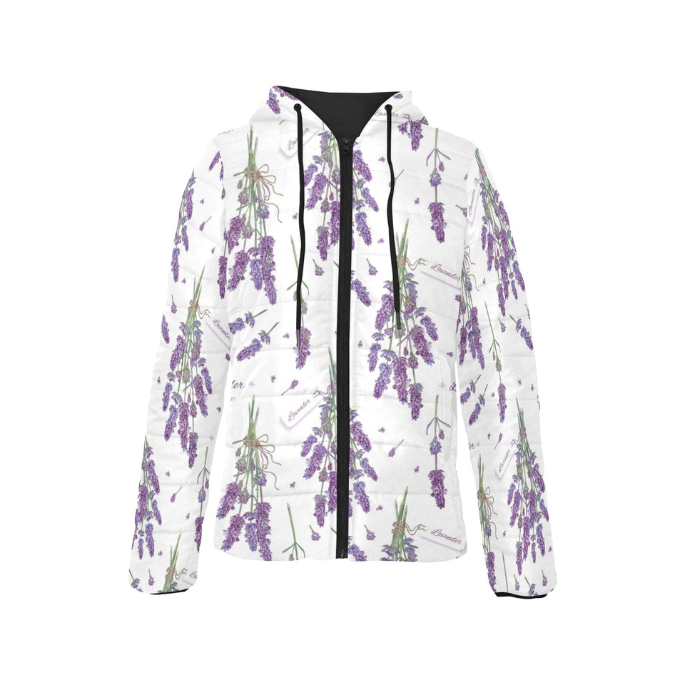 lavender flower design pattern Women's Padded Hooded Jacket