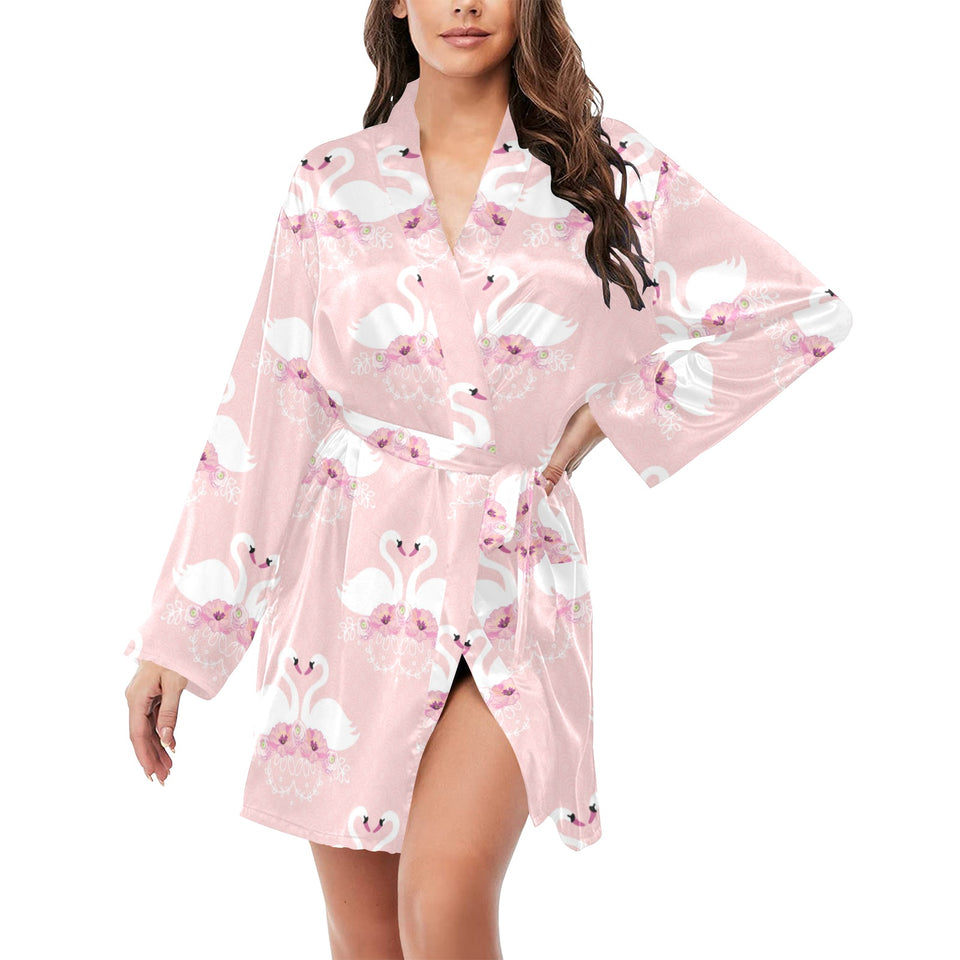 White swan and flower love pattern Women's Long Sleeve Belted Night Robe