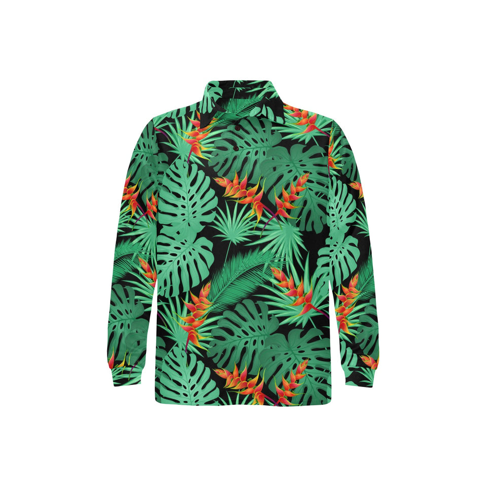 heliconia flower palm monstera leaves black backgr Men's Long Sleeve Polo Shirt