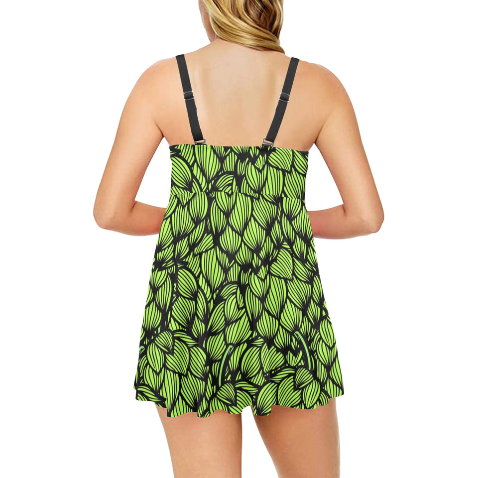 Green hop pattern Chest Sexy Pleated Two Piece Swim Dress