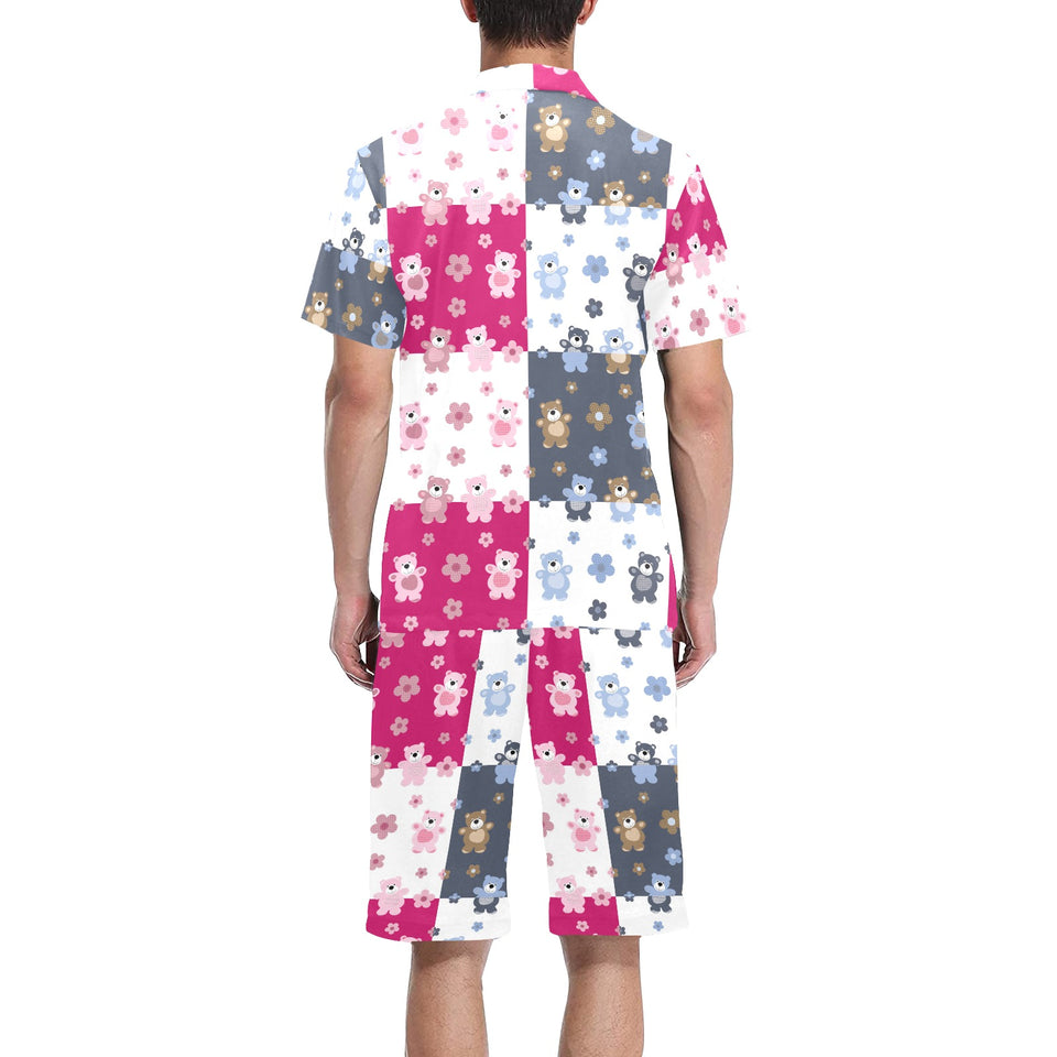 Teddy Bear Pattern Print Design 03 Men's V-Neck Short Pajama Set