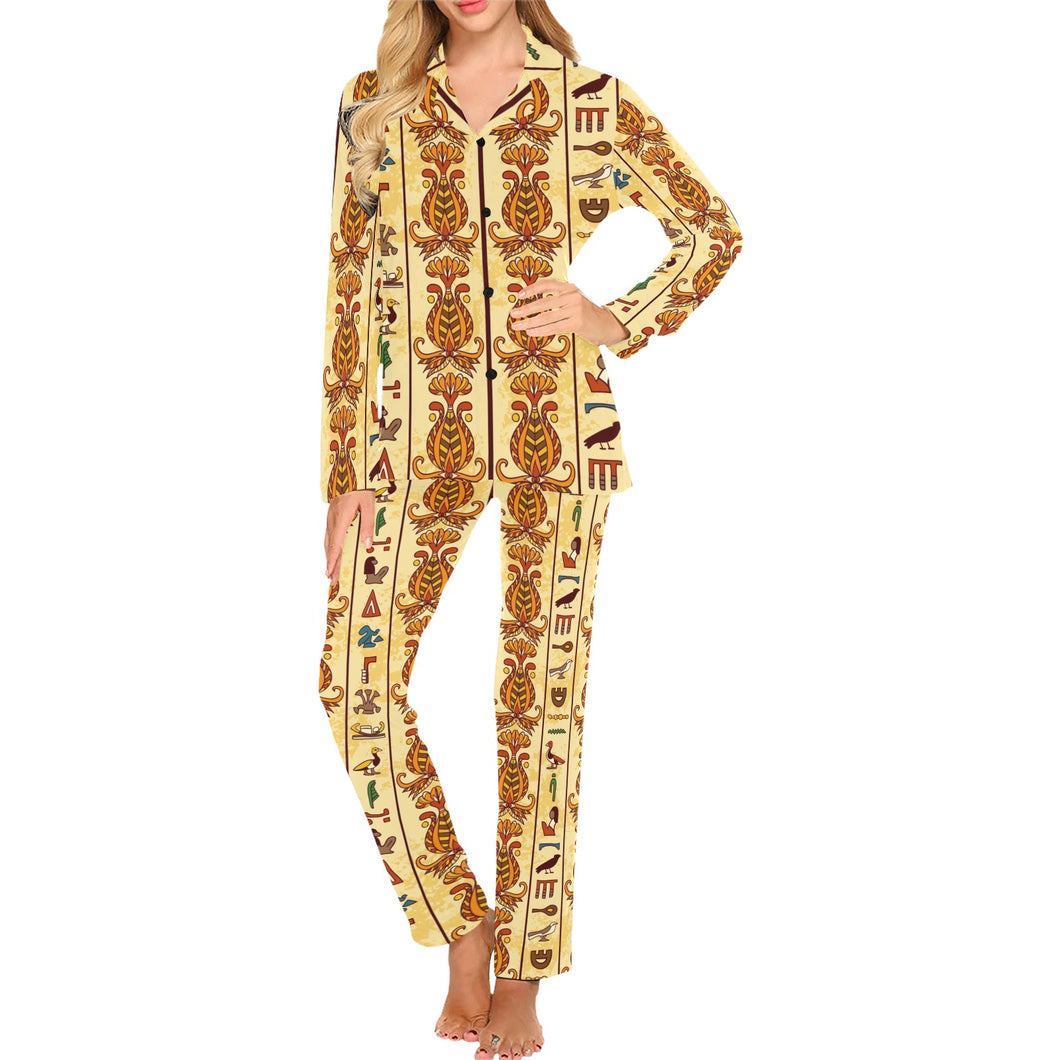 Egypt Hieroglyphics Pattern Print Design 04 Women's Long Pajama Set