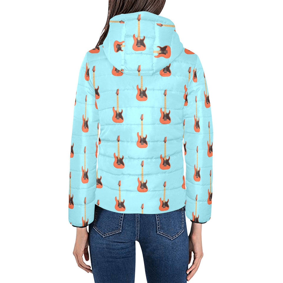 electric guitar pattern light blue background Women's Padded Hooded Jacket