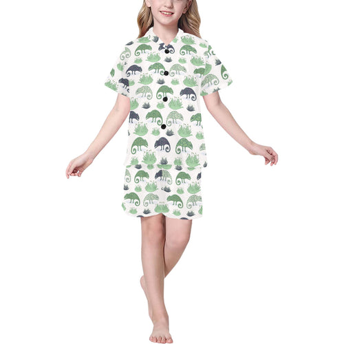 Chameleon lizard succulent plant pattern Kids' Boys' Girls' V-Neck Short Pajama Set